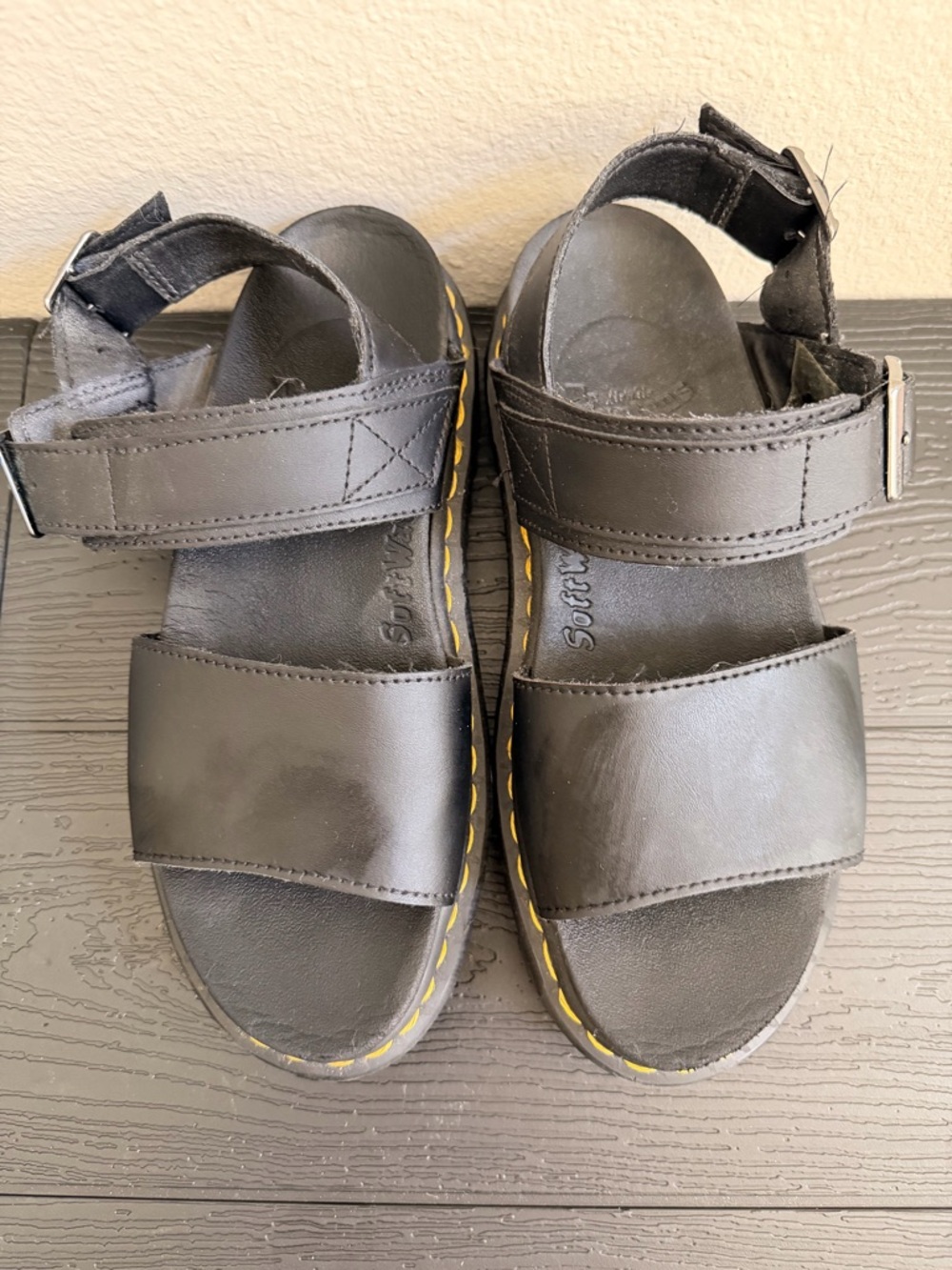 Dr. Martens Black Leather Platform Sandals with Yellow Stitching - Picture 2 of 4